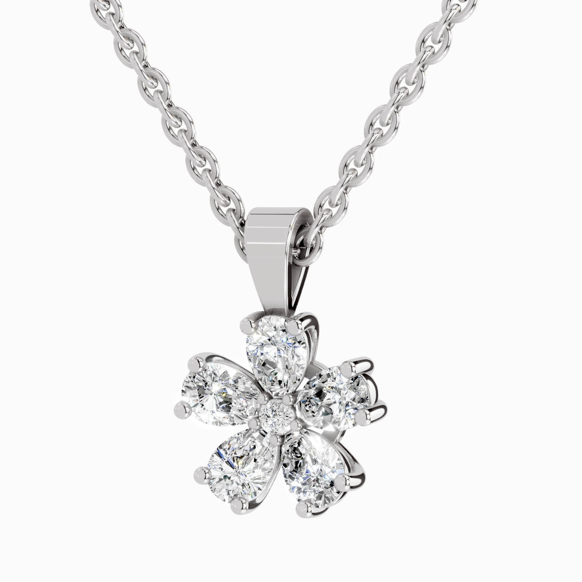 Diamond flower pendant on a chain against a white background