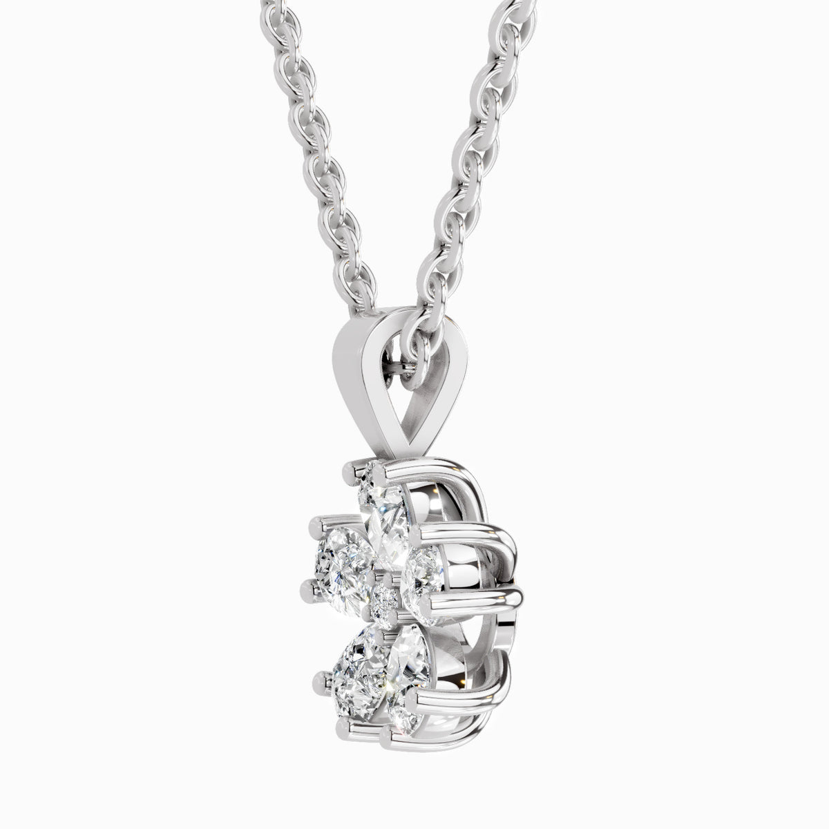 Lab grown diamond cluster pendant in BIS hallmarked white gold with round prong-set stones on a cable chain, side view