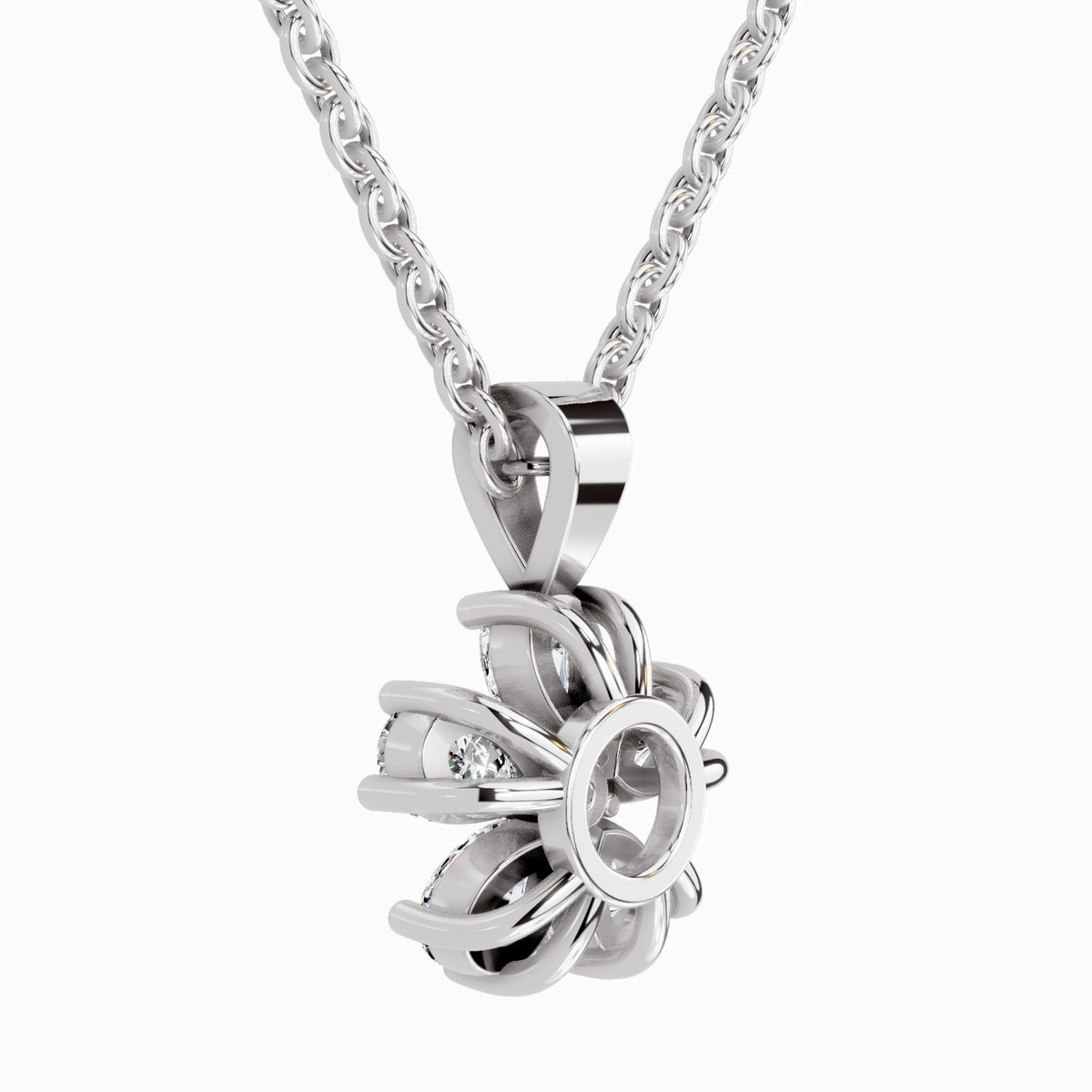 Silver necklace with a intricate pendant on a white background