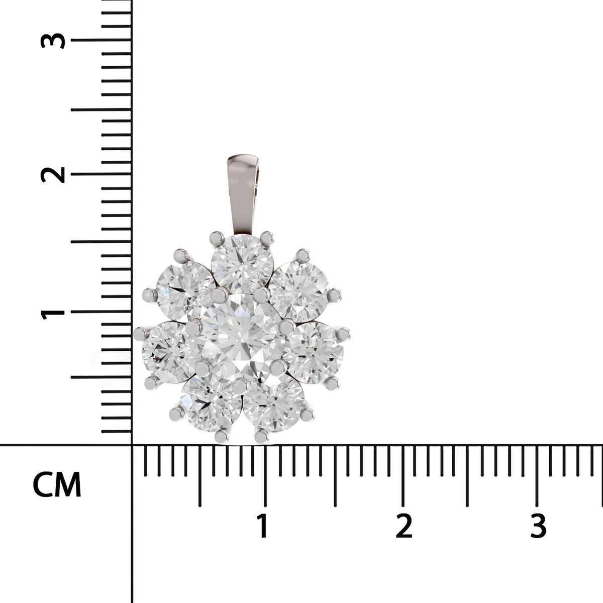 Diamond pendant with a ruler for scale on a white background