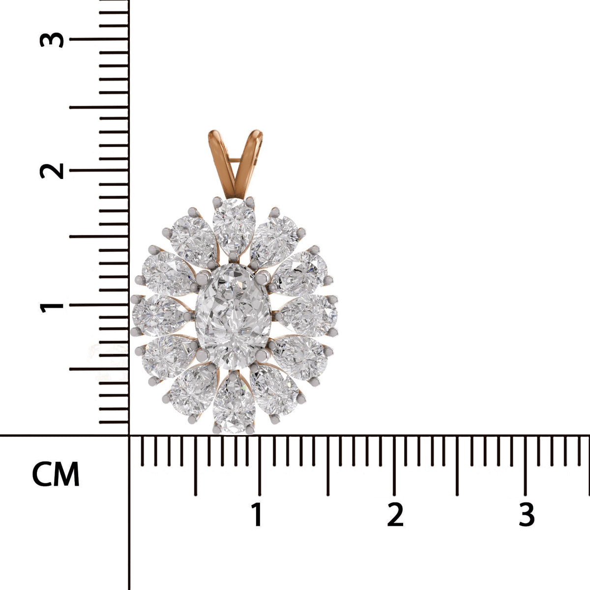 Diamond pendant with rose gold setting next to a ruler on a white background