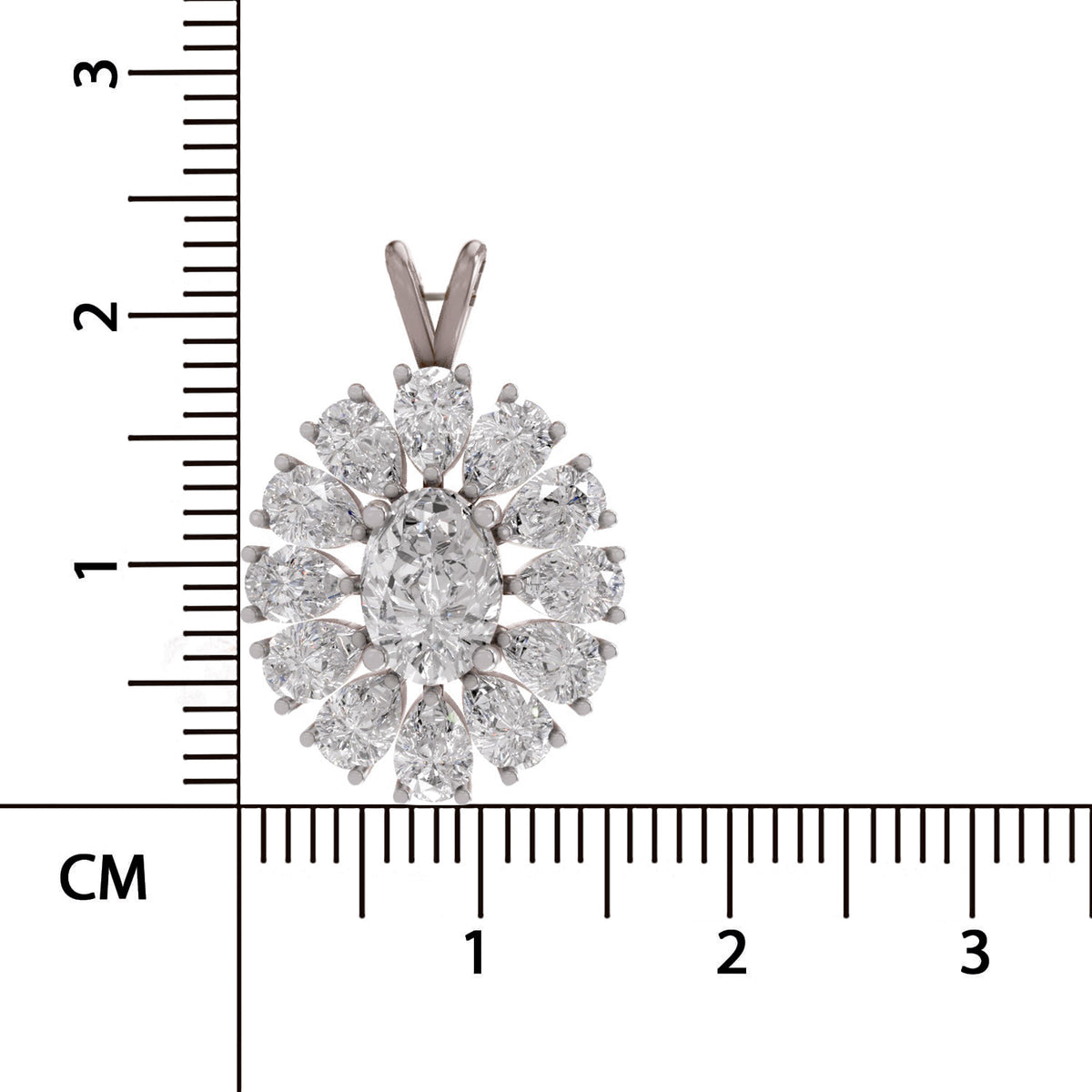 Diamond pendant with measurement scale on a white background