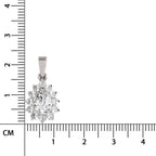 A silver-toned cluster pendant with clear gemstones, shown next to a centimeter ruler for scale on a white background.