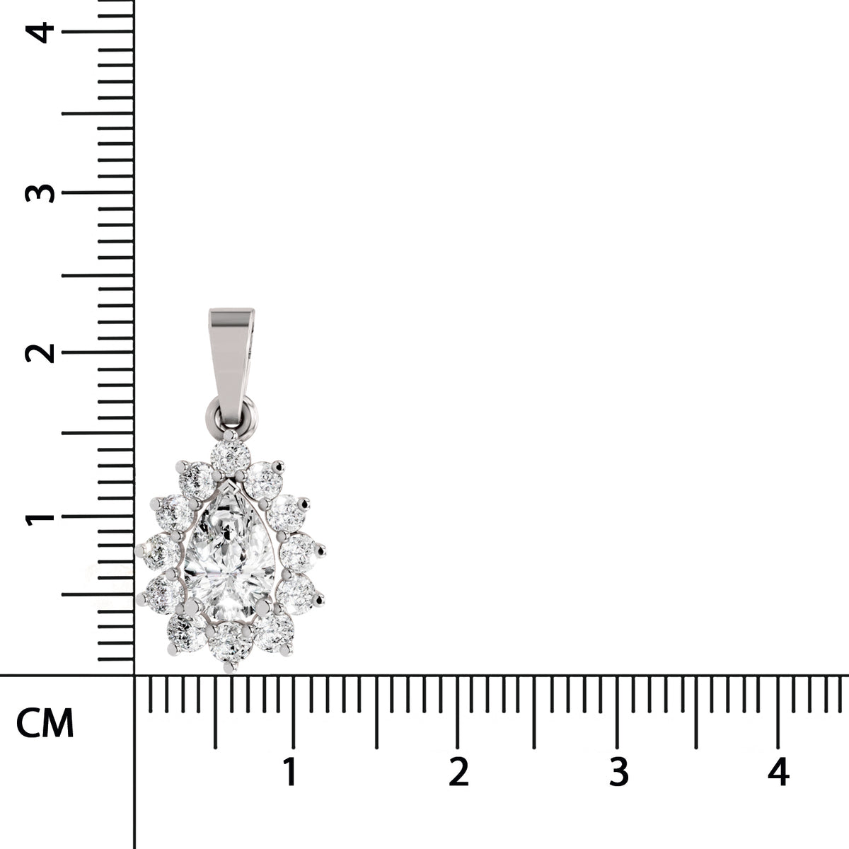 A silver-toned cluster pendant with clear gemstones, shown next to a centimeter ruler for scale on a white background.