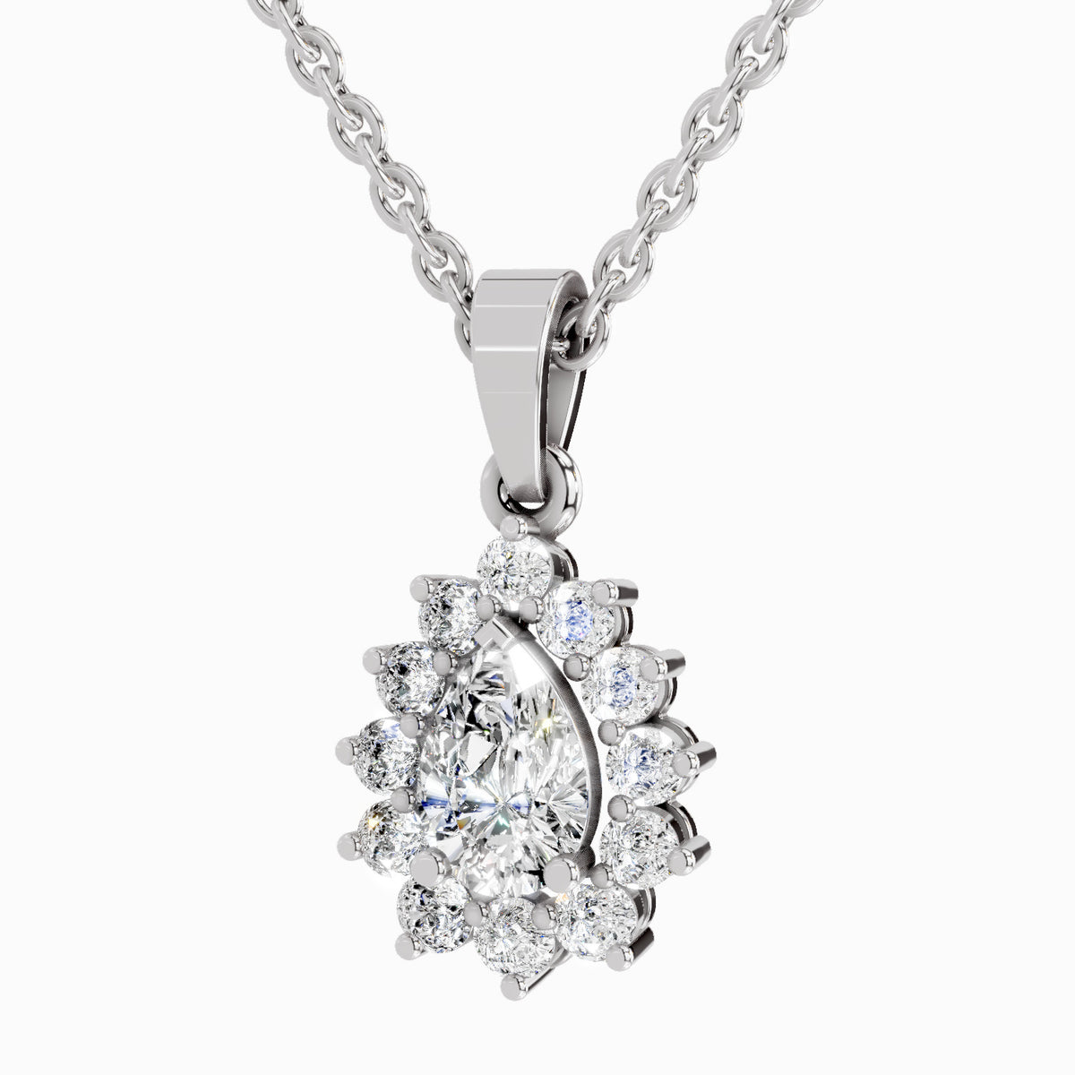 A silver-tone pendant necklace featuring a pear-cut center stone surrounded by a halo of round and marquise-cut clear stones, suspended from a matching chain on a light gray background.