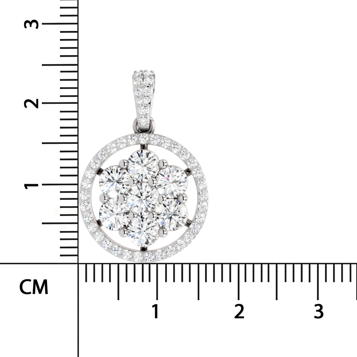 A round yellow gold pendant with a cluster of clear gemstones in the center and a halo of smaller stones around the edge, shown next to a centimeter ruler for scale on a white background.