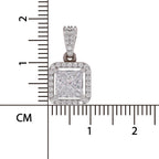 A square diamond pendant with a halo setting and a gold bail, shown next to a centimeter ruler for scale on a white background.