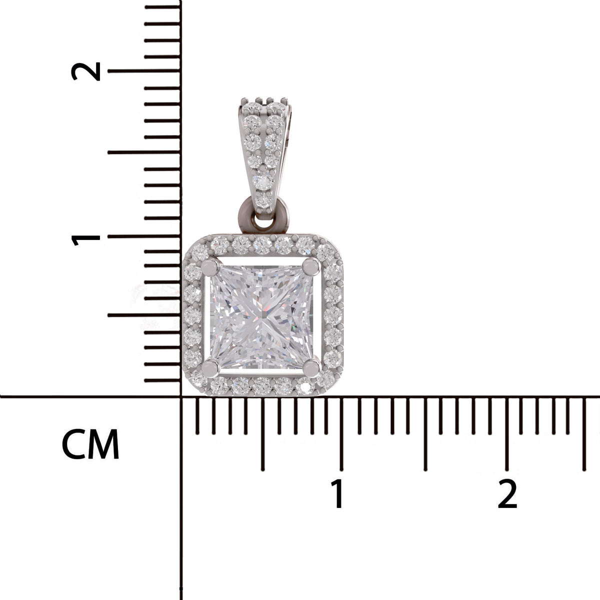 A square diamond pendant with a halo setting and a gold bail, shown next to a centimeter ruler for scale on a white background.