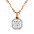 A rose gold necklace with a square halo pendant featuring a central round-cut diamond surrounded by smaller diamonds, set against a plain white background.