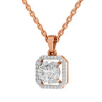 Rose gold necklace with a square pendant featuring a large round-cut clear center stone and a halo of smaller stones, shown on a white background.