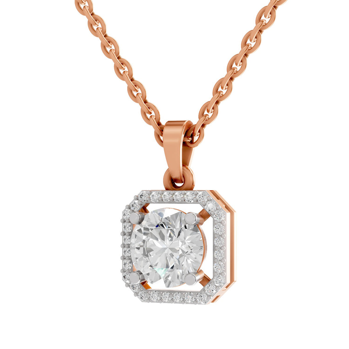 Rose gold necklace with a square pendant featuring a large round-cut clear center stone and a halo of smaller stones, shown on a white background.