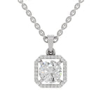 A silver-toned octagonal pendant necklace featuring a large round-cut center stone surrounded by a halo of smaller stones, suspended from a matching chain on a plain white background.