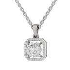 A silver-toned necklace featuring a square pendant with a large round clear center stone surrounded by a halo of smaller stones, suspended from a matching chain on a white background.