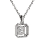A silver-toned geometric pendant necklace with an openwork square design and a central clear gemstone, suspended from a matching link chain against a plain white background.