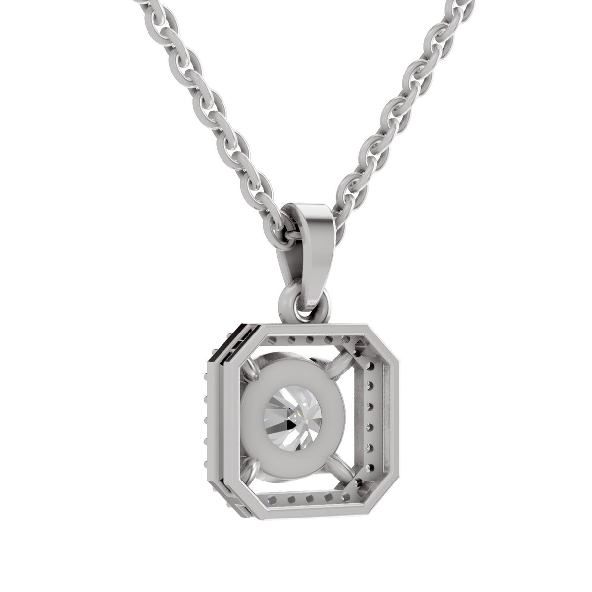A silver-toned geometric pendant necklace with an openwork square design and a central clear gemstone, suspended from a matching link chain against a plain white background.