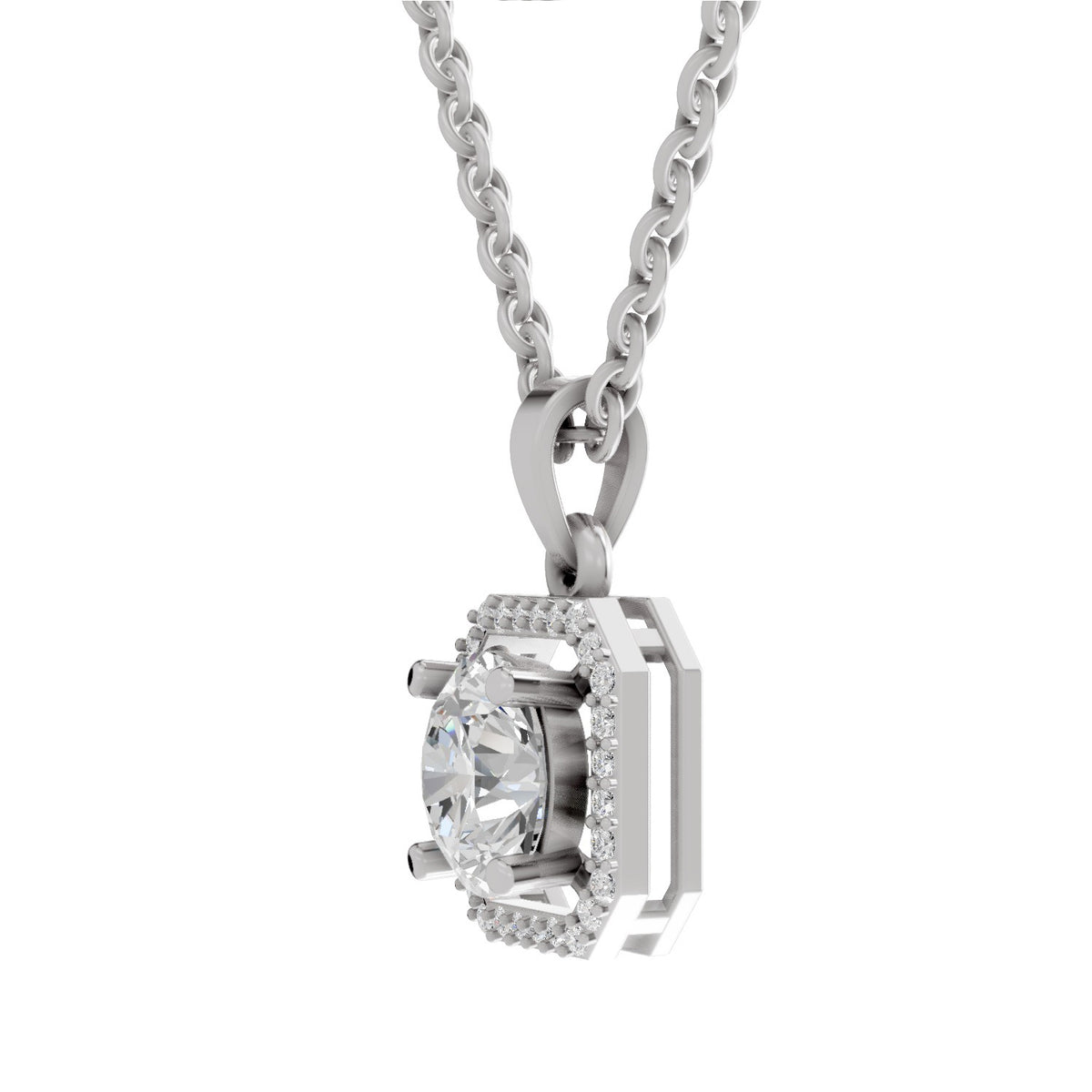 A silver-toned pendant necklace featuring a large oval-cut clear center stone surrounded by a halo of small round stones, suspended from a matching chain on a plain white background.