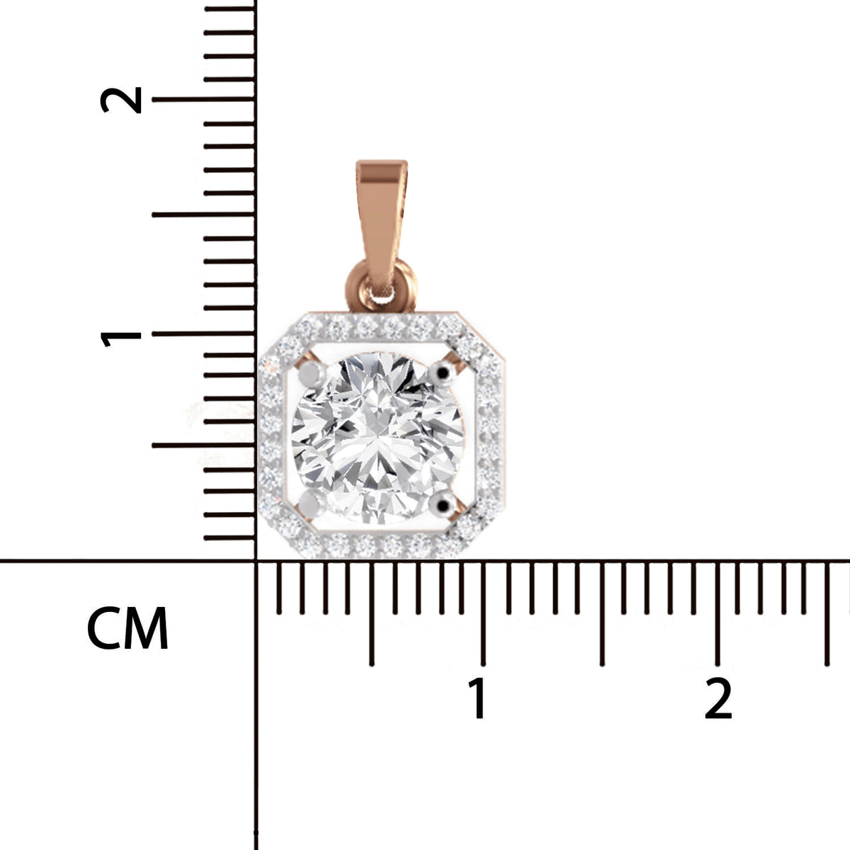 A square halo pendant with a central round-cut diamond surrounded by a double row of small diamonds, set in rose gold and white metal, shown next to a centimeter ruler for scale.