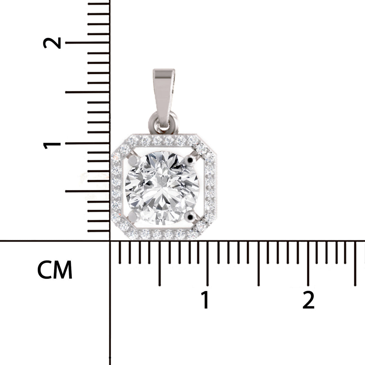 A square halo pendant with a round-cut center stone and smaller surrounding stones in a silver-toned setting, shown next to a centimeter ruler for scale on a white background.