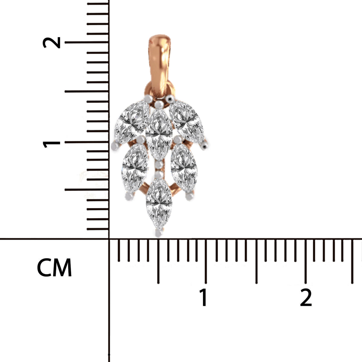 A rose gold and white gold pendant with marquise-cut clear stones, shown next to a centimeter ruler for scale on a white background.