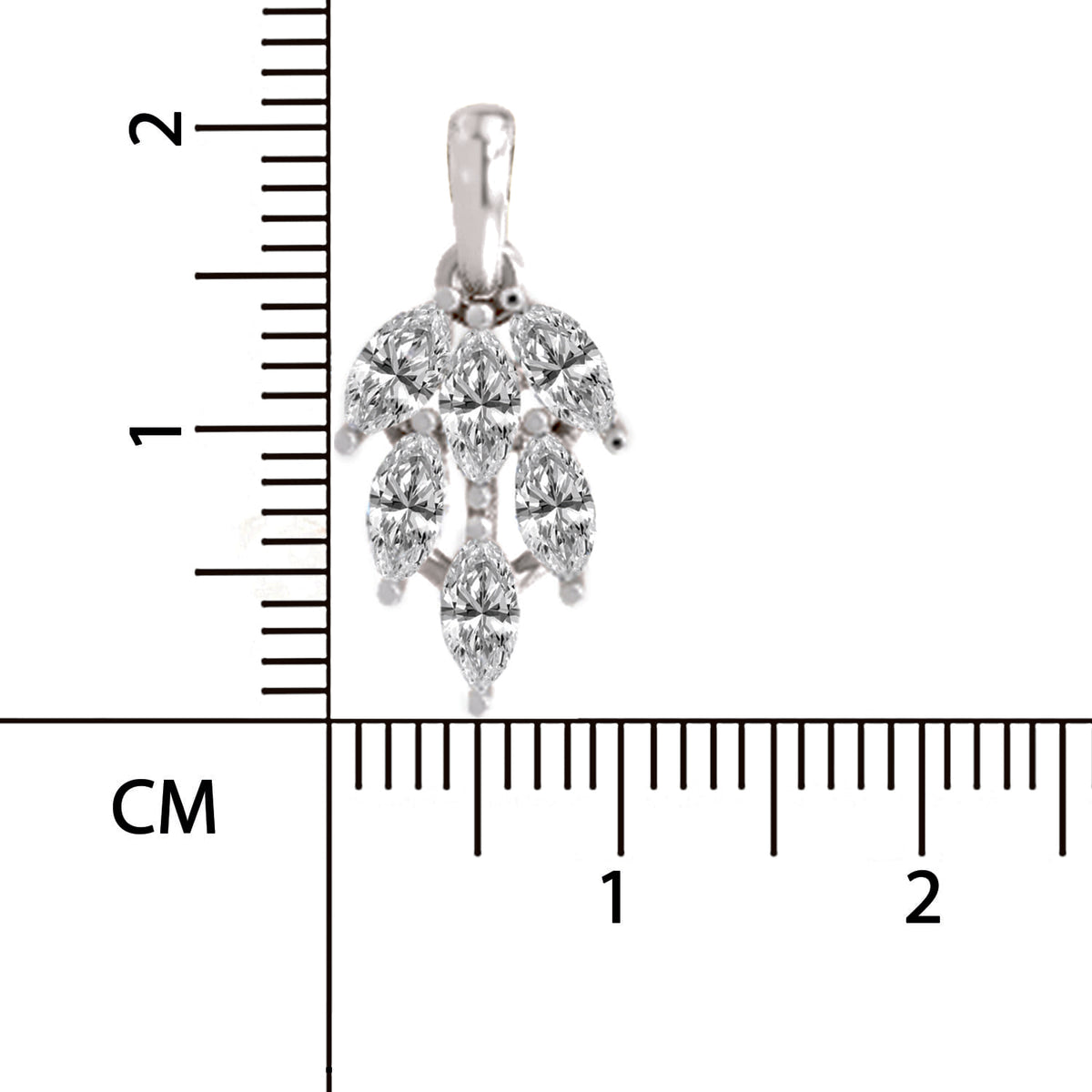 A silver-toned floral pendant with clear gemstones, shown next to a centimeter ruler for scale on a white background.
