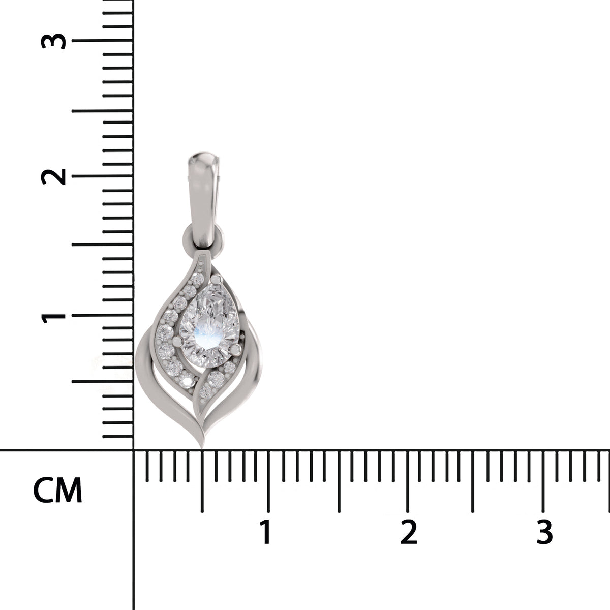 A silver teardrop-shaped pendant with a central clear gemstone surrounded by smaller stones, shown next to a centimeter ruler for scale on a white background.