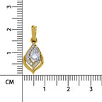 A gold pendant with a teardrop-shaped design, featuring a central clear gemstone surrounded by smaller clear stones, shown next to a centimeter ruler for scale on a white background.