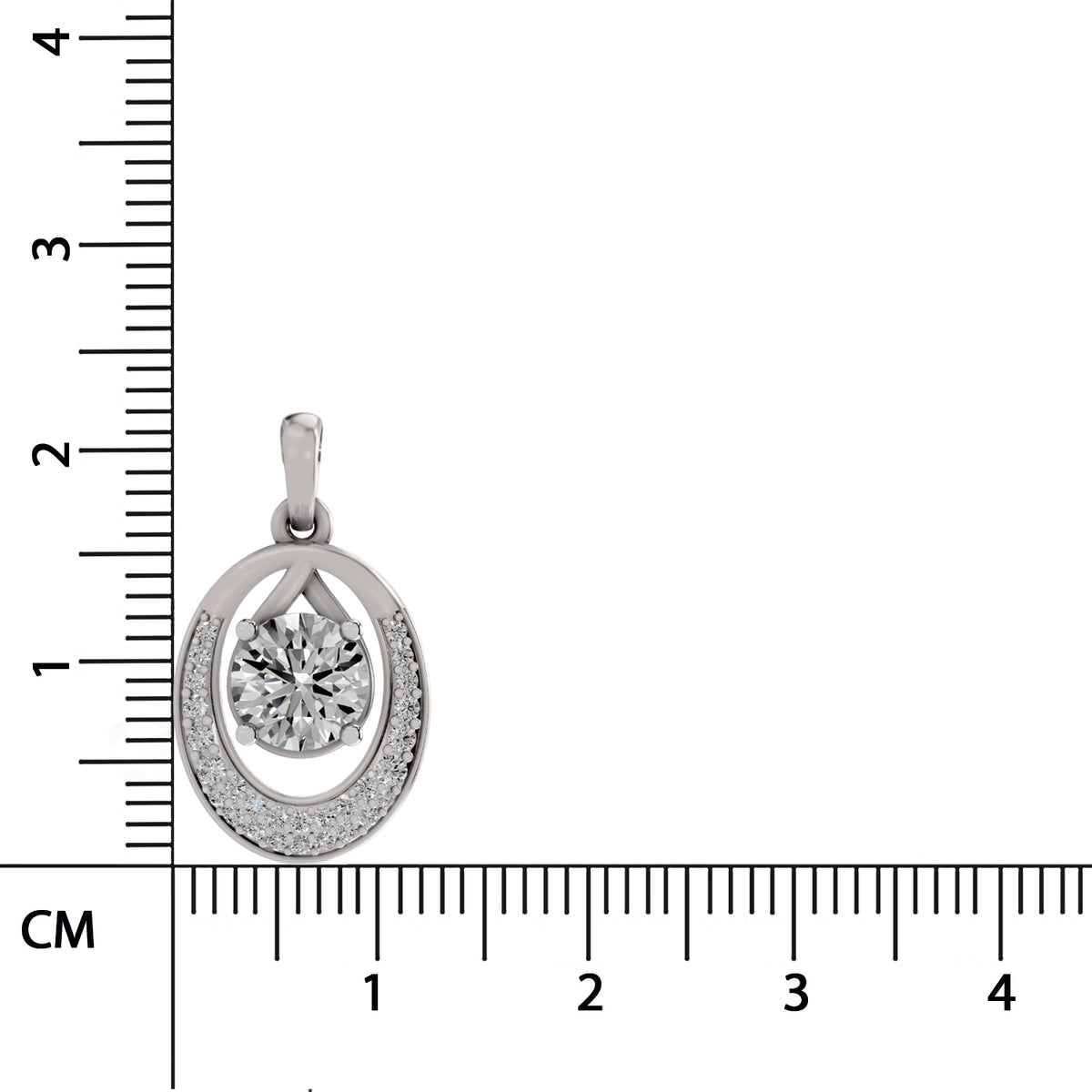 A silver-toned oval pendant with a central round clear gemstone and small accent stones, shown next to a centimeter ruler for scale on a white background.
