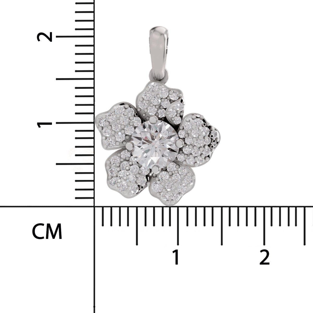 A silver-toned flower-shaped pendant with a central round clear gemstone and surrounding small clear stones, shown next to a centimeter ruler for scale on a white background.