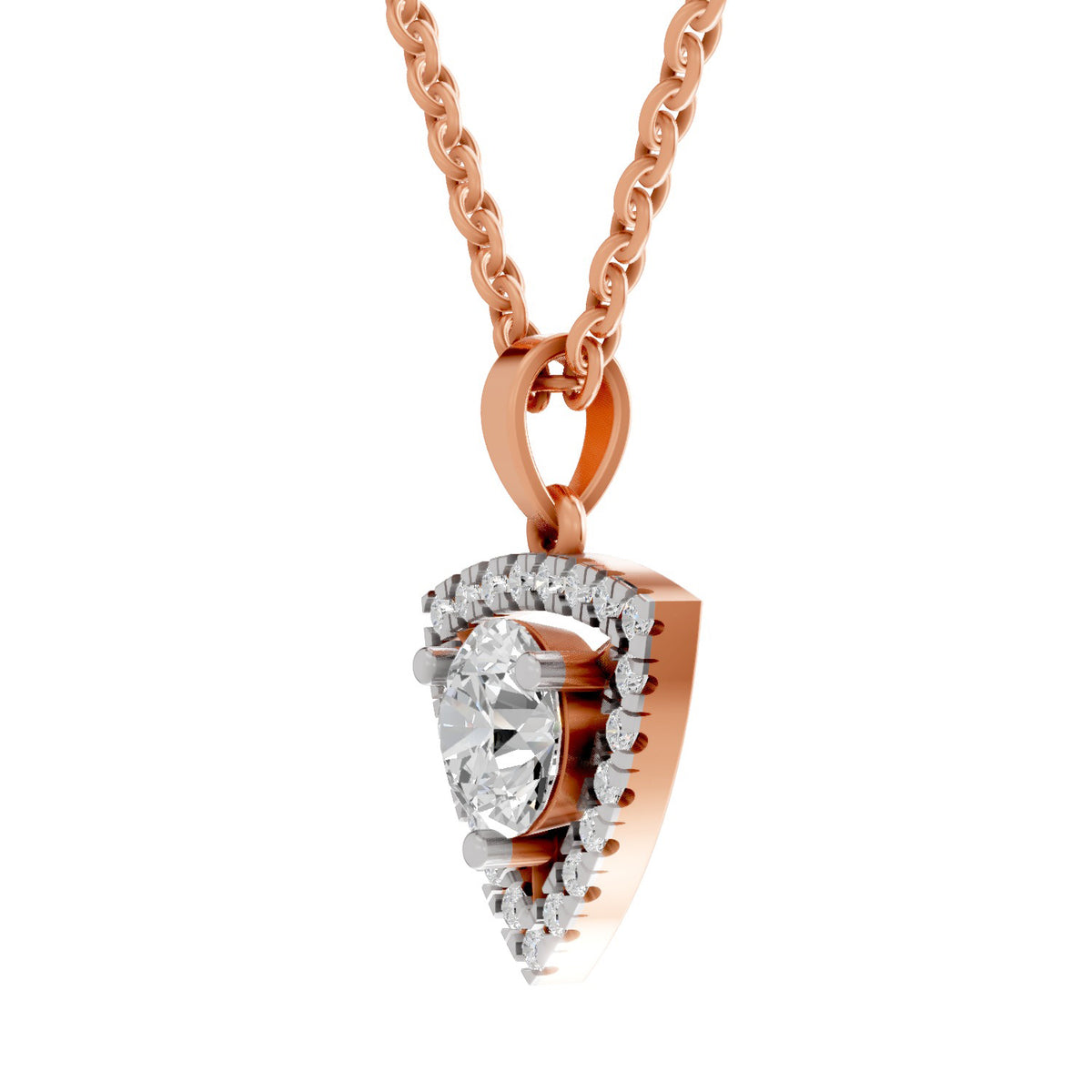 A rose gold pendant necklace featuring a shield-shaped design with a central pear-cut diamond surrounded by small pavé diamonds, suspended from a rose gold chain on a white background.