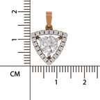 A shield-shaped diamond pendant in rose gold with a halo setting and a central round-cut diamond, shown next to a centimeter ruler for scale on a white background.