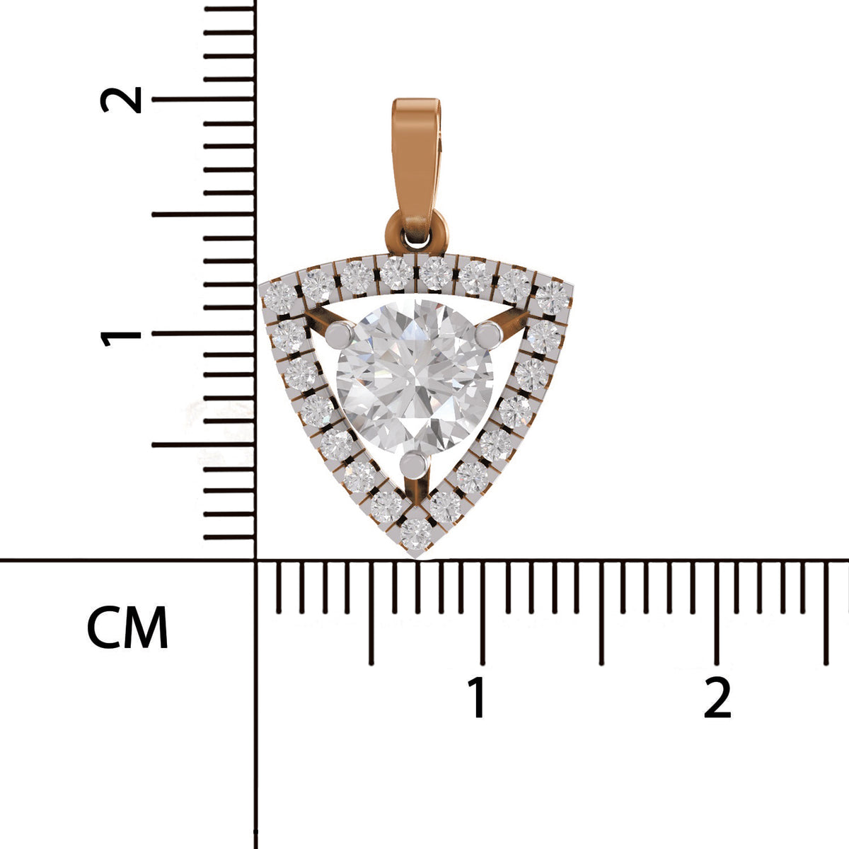 A shield-shaped diamond pendant in rose gold with a halo setting and a central round-cut diamond, shown next to a centimeter ruler for scale on a white background.