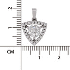 A shield-shaped diamond pendant in silver-toned metal, shown with a ruler in centimeters to indicate its size.