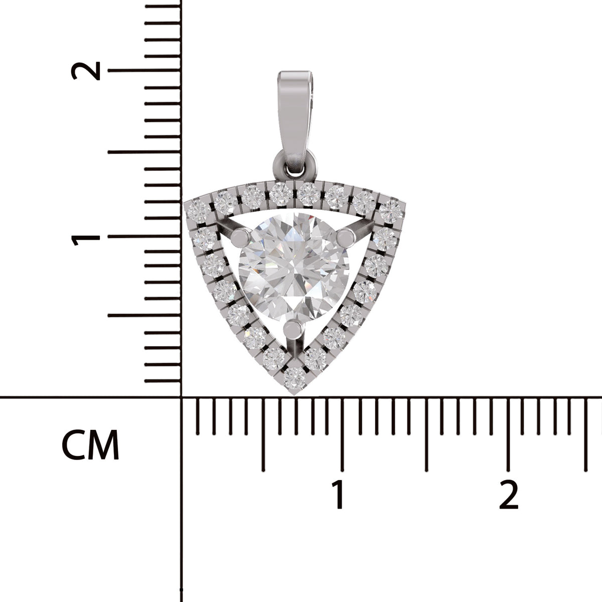 A shield-shaped diamond pendant in silver-toned metal, shown with a ruler in centimeters to indicate its size.