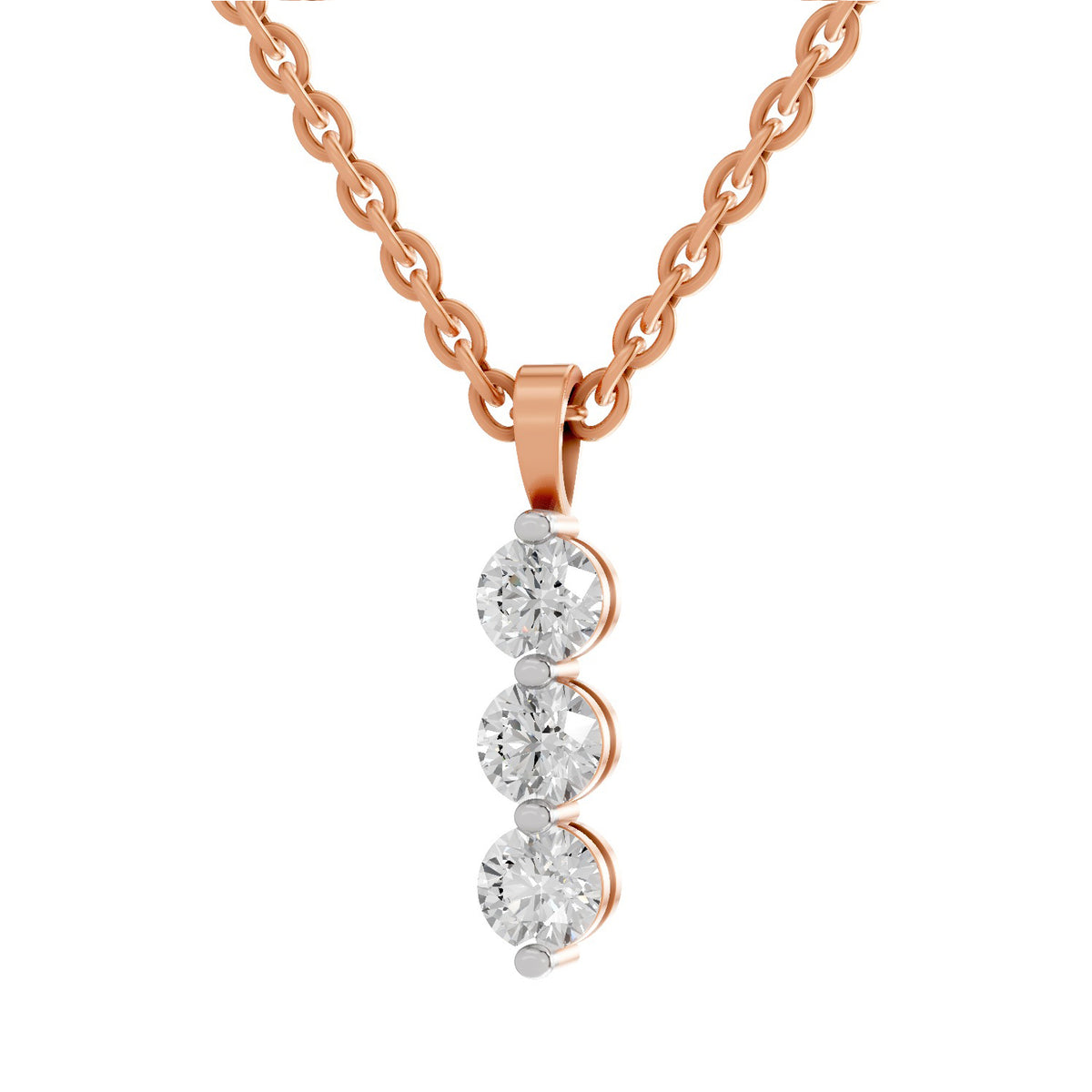 A rose gold necklace with a vertical pendant featuring three round-cut clear gemstones in a wavy arrangement, set against a plain white background.