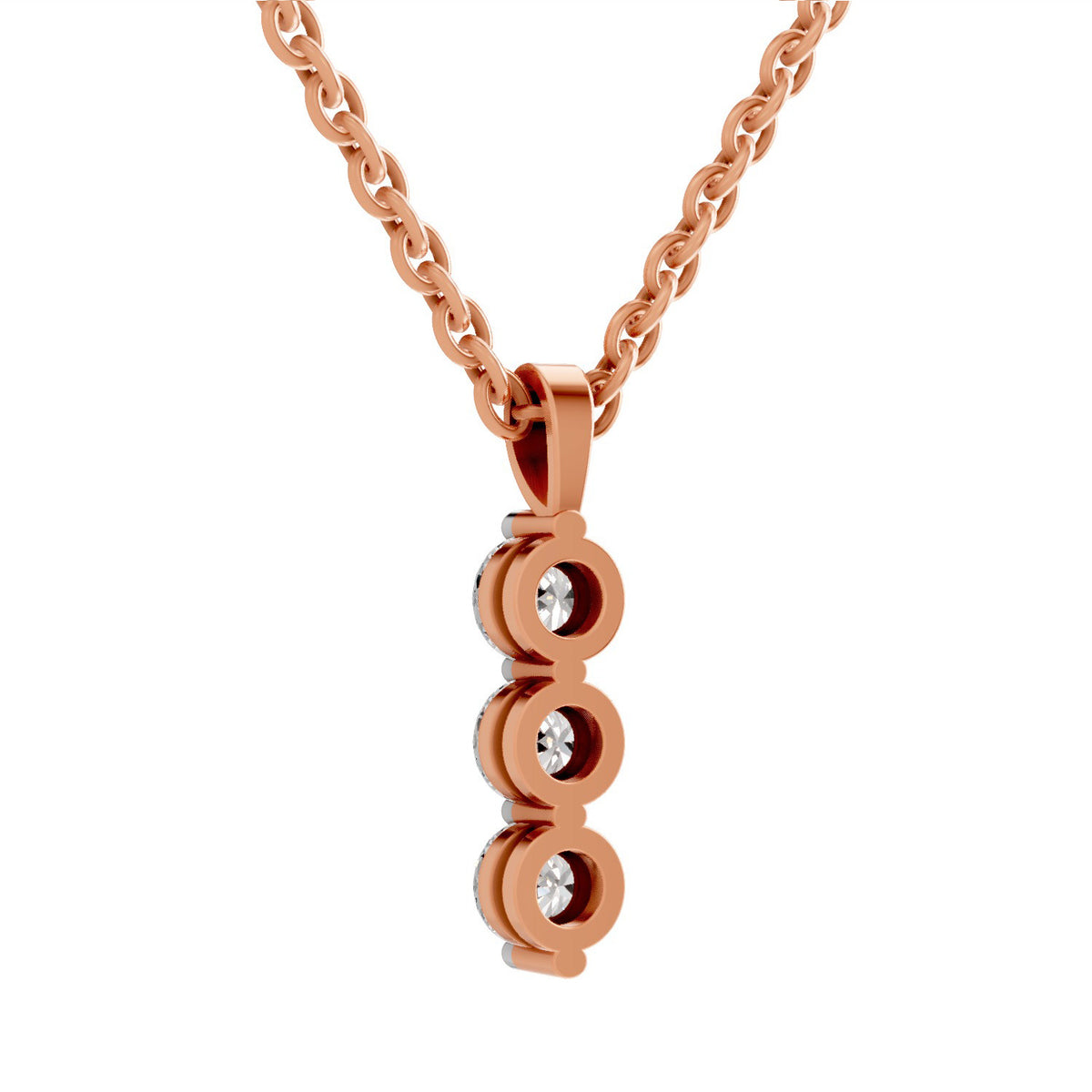 A rose gold necklace with a vertical pendant composed of three stacked oval links, each set with a small clear gemstone, shown against a plain white background.