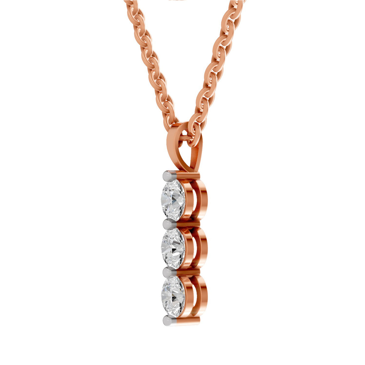 A rose gold necklace with a vertical pendant featuring three round-cut clear gemstones in a wavy setting, suspended from a matching rose gold chain against a plain white background.