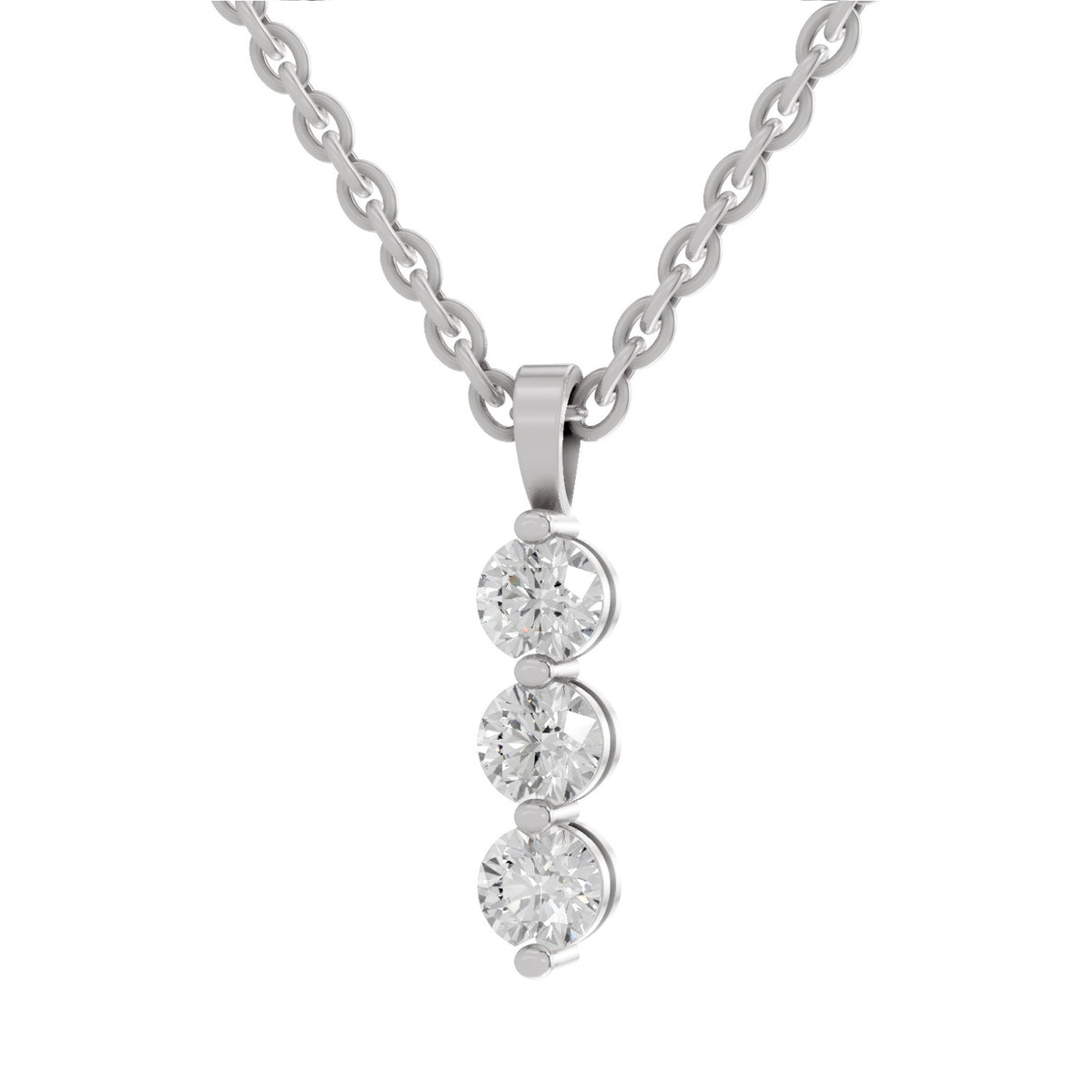 A silver-toned necklace featuring a vertical drop pendant with three round clear gemstones in a prong setting, suspended from a matching chain against a plain white background.