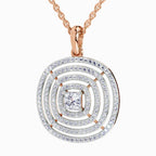 Rose gold necklace with a circular concentric pendant featuring a central square-cut clear gemstone surrounded by pavé-set clear stones, shown on a light gray background.