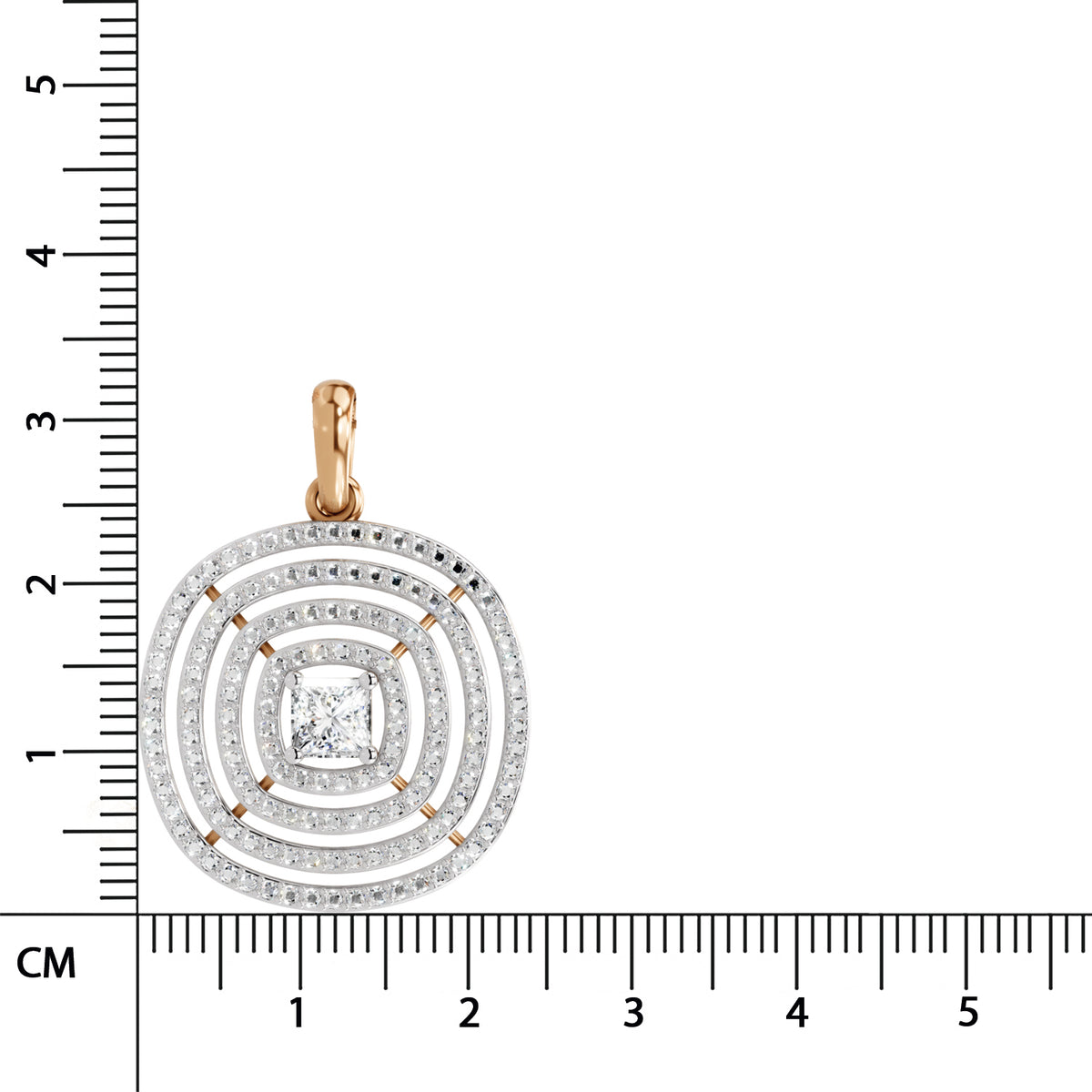A square pendant with concentric rings of clear stones and a central princess-cut stone, shown next to a centimeter ruler for scale. The pendant features a gold bail and gold accents.