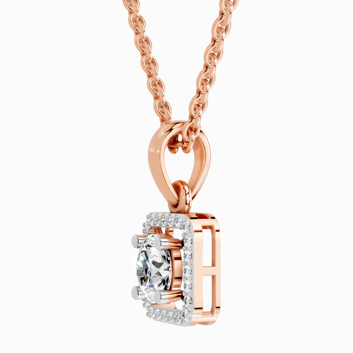 Rose gold necklace with a diamond pendant on a white background