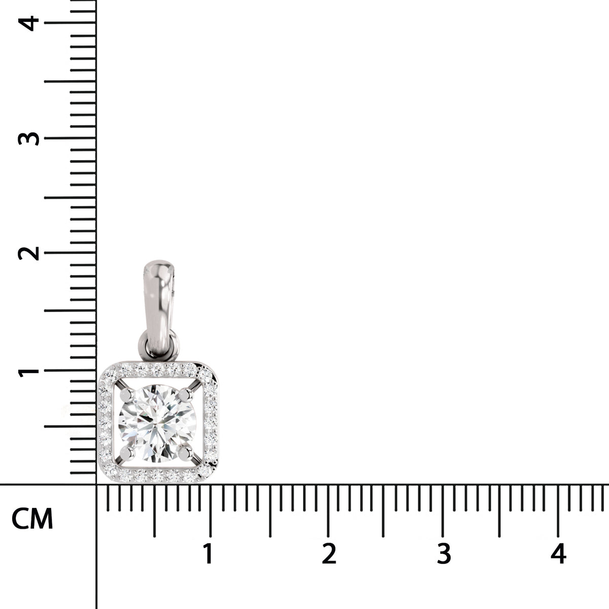 A square diamond pendant with a halo setting in silver-toned metal, shown next to a centimeter ruler for scale on a white background.