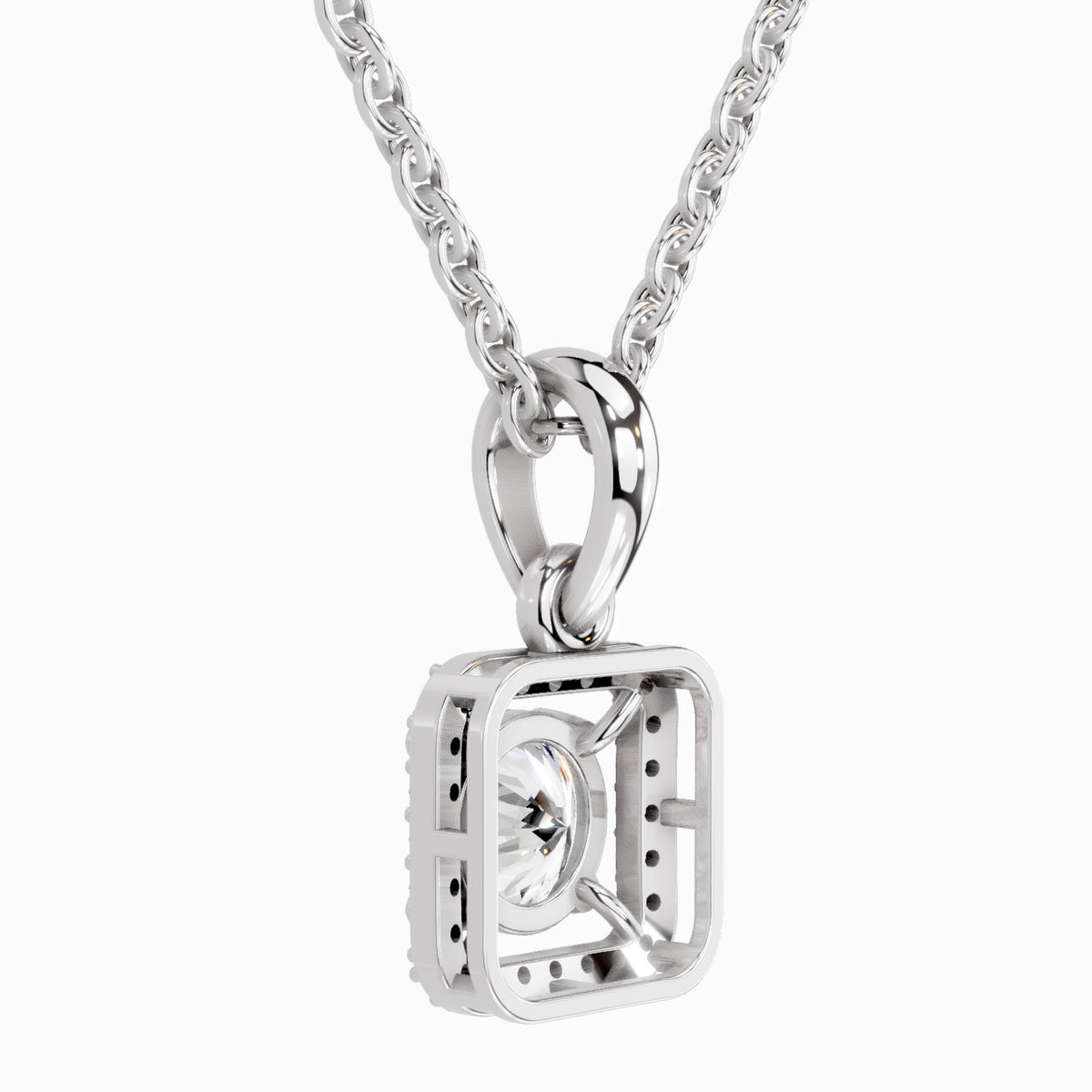 A silver-toned necklace with a geometric square pendant featuring a central clear gemstone, shown against a plain white background.