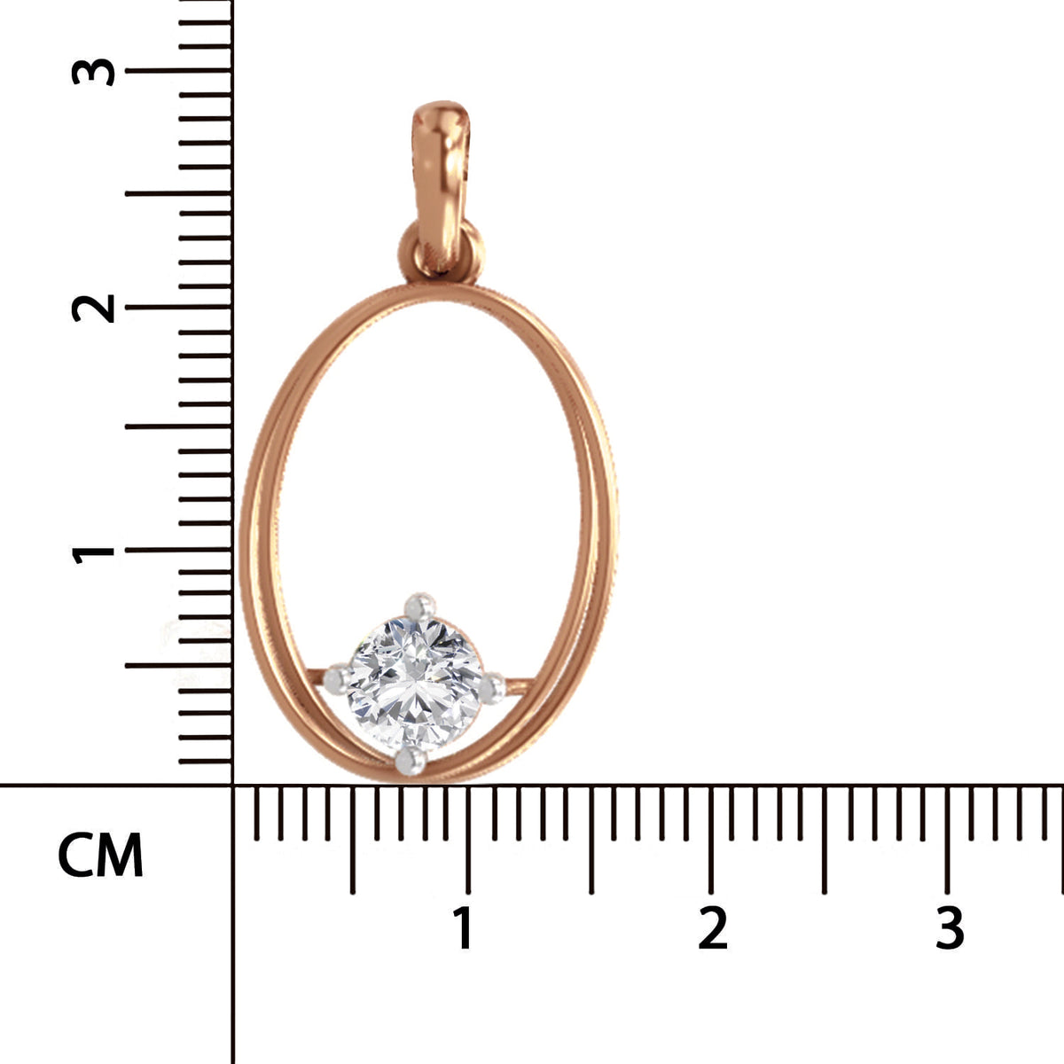 A rose gold oval pendant with a single round clear gemstone, shown next to a centimeter ruler for scale on a white background.