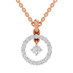 Rose gold necklace with a double-ring pendant, one solid ring and one open pavé ring, featuring a central round-cut diamond, on a white background.