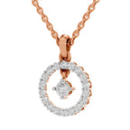 A rose gold necklace with a double-ring pendant, featuring a main ring paved with small clear stones and a central solitaire diamond, suspended from a matching rose gold chain on a white background.