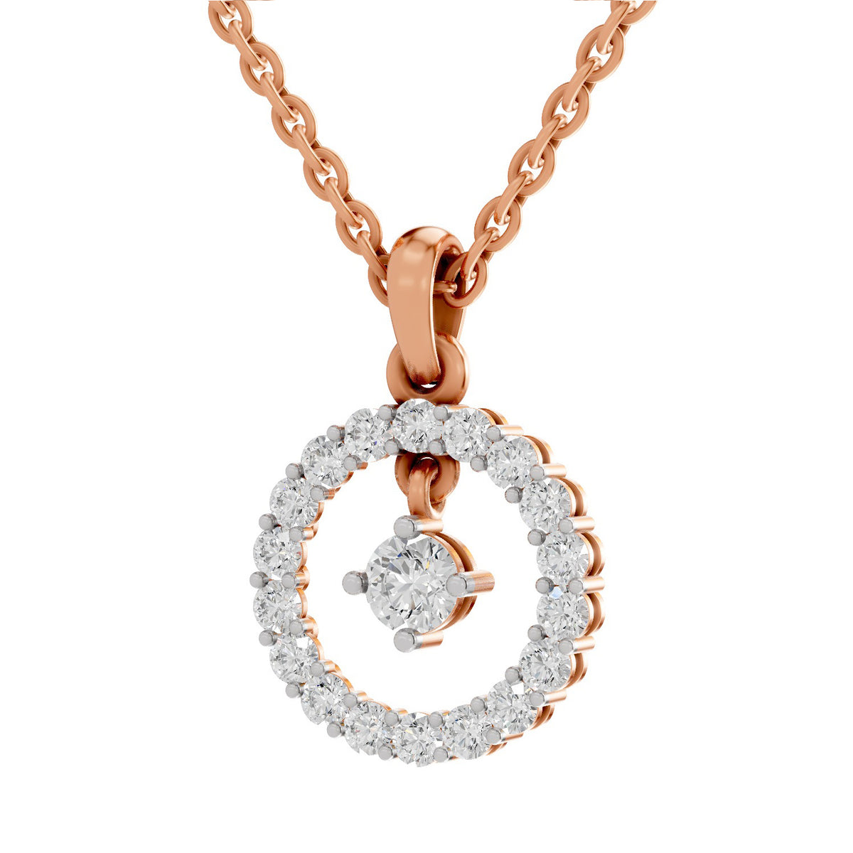 A rose gold necklace with a double-ring pendant, featuring a main ring paved with small clear stones and a central solitaire diamond, suspended from a matching rose gold chain on a white background.