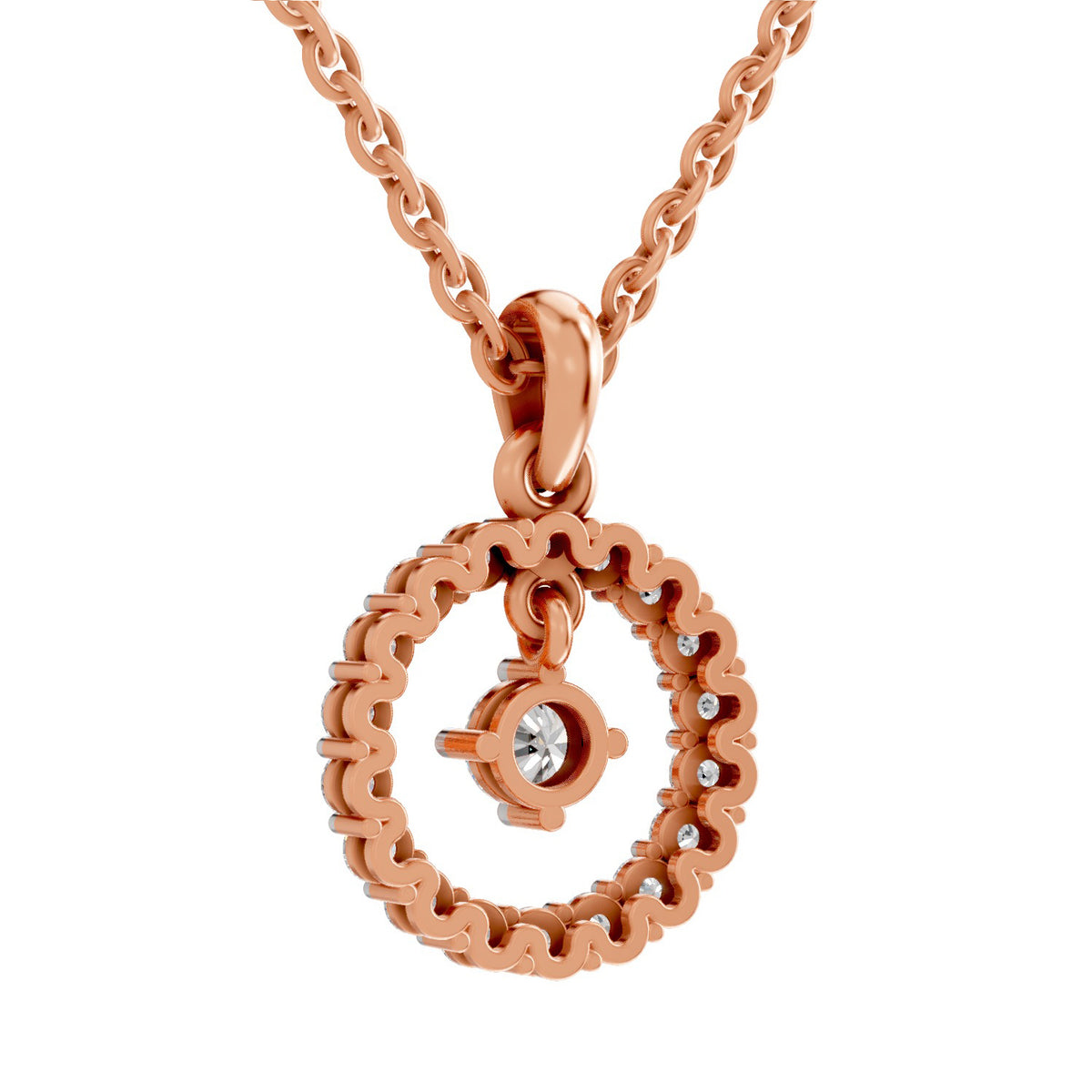 Rose gold necklace with a circular openwork pendant featuring a central bezel-set clear gemstone, shown on a white background.