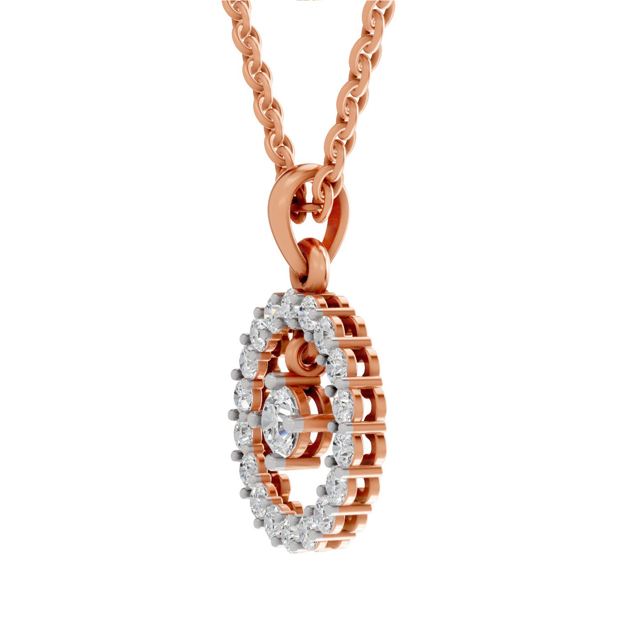 A rose gold pendant necklace featuring a basket-style oval pendant encrusted with clear gemstones, suspended from a matching rose gold chain against a plain white background.