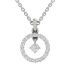 A silver-tone necklace featuring a double-ring pendant with a central clear gemstone, displayed on a clean white background.