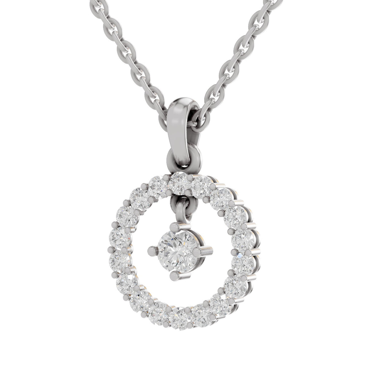 A silver-tone necklace with a double-ring pendant, one of which is a small round solitaire diamond, on a plain white background.